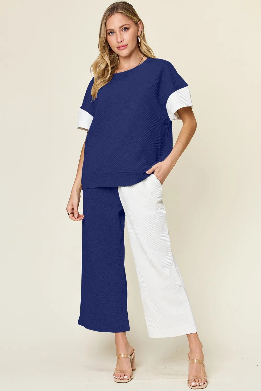Texture Contrast T-Shirt and Wide Leg Pants Set - Double Take - Liorienne