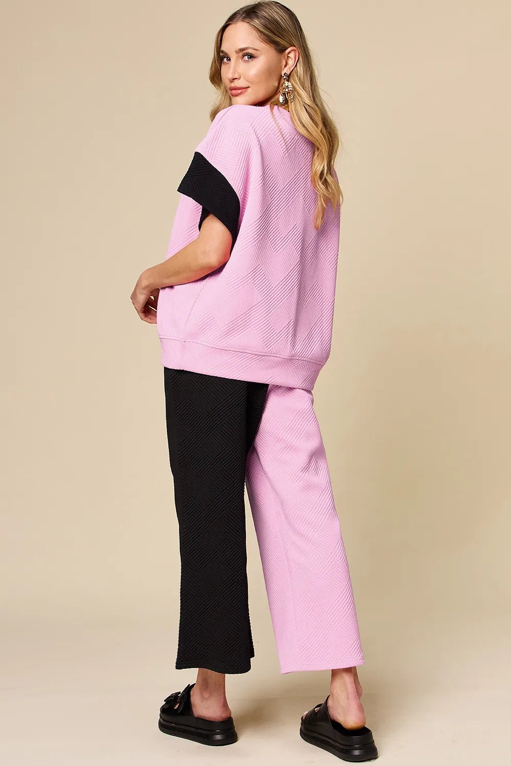 Texture Contrast T-Shirt and Wide Leg Pants Set - Double Take - Liorienne