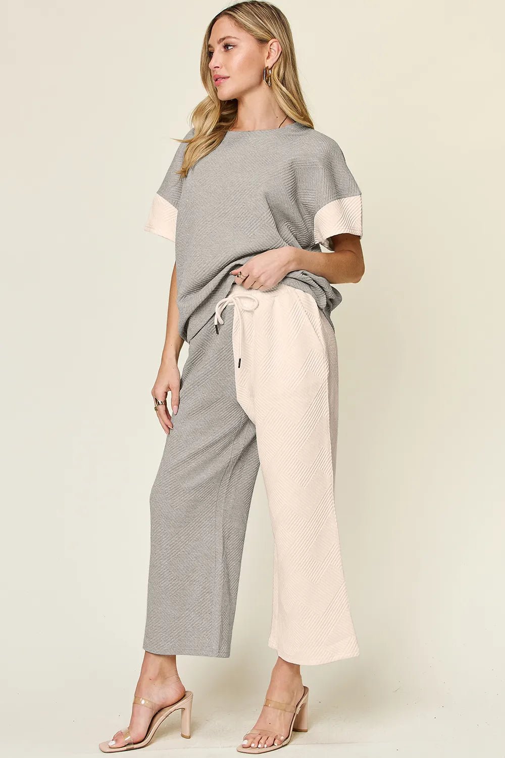 Texture Contrast T-Shirt and Wide Leg Pants Set - Double Take - Liorienne