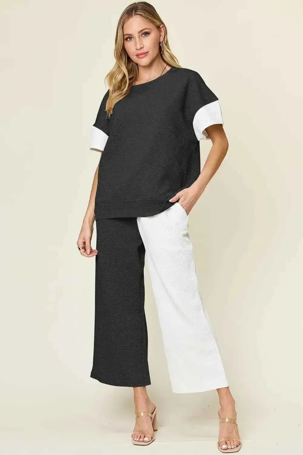 Texture Contrast T-Shirt and Wide Leg Pants Set - Double Take - Liorienne