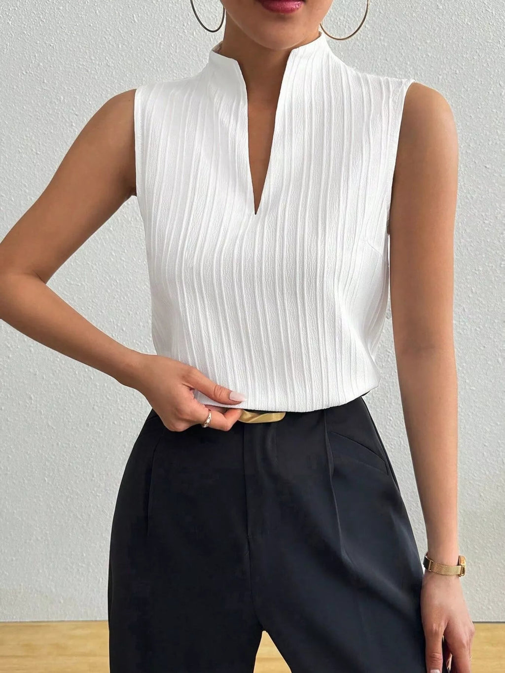 Texture Notched Sleeveless Top - Excel Merchandise
