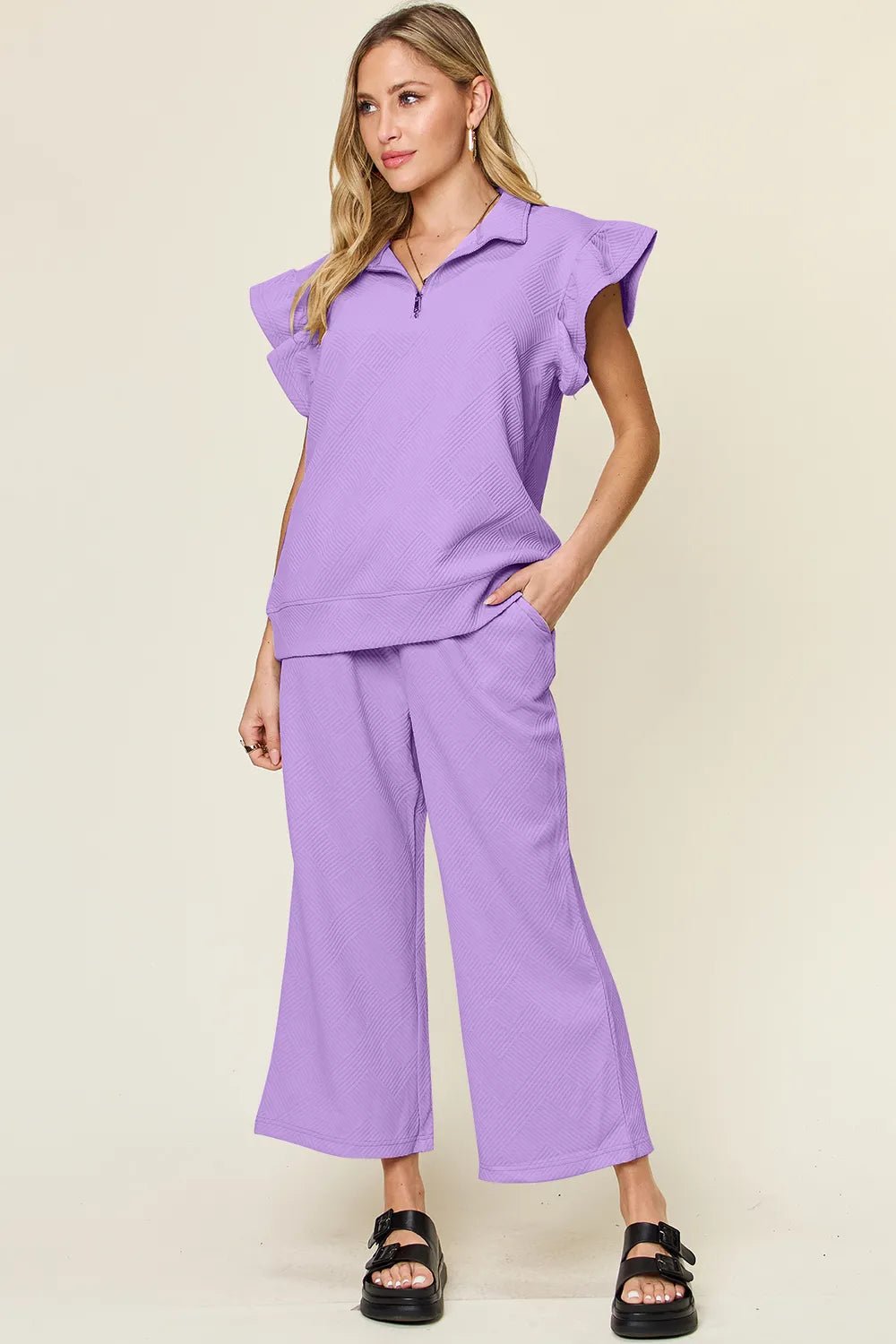 Texture Ruffle Top and Wide Leg Pants Set - Double Take - Liorienne