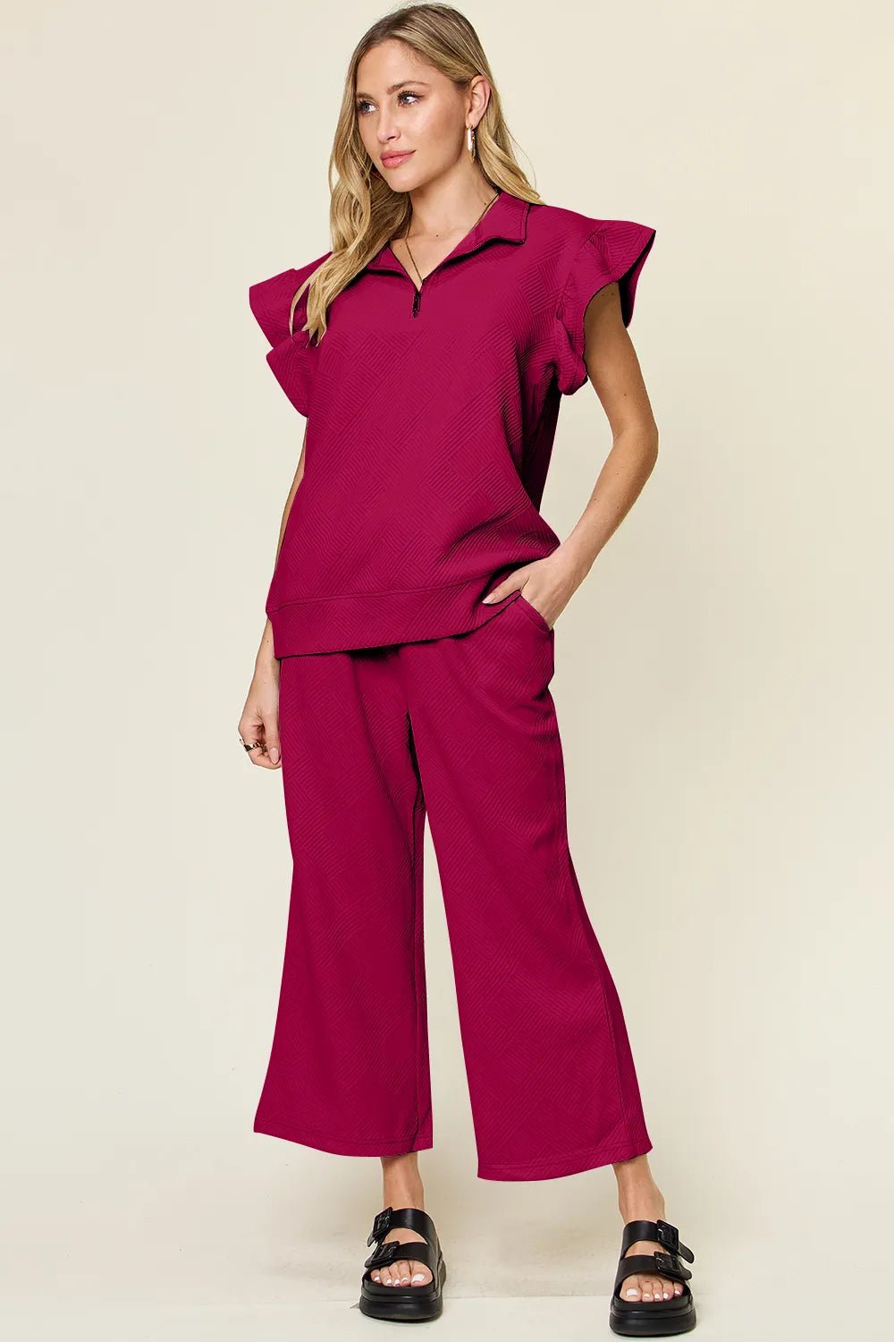 Texture Ruffle Top and Wide Leg Pants Set - Double Take - Liorienne