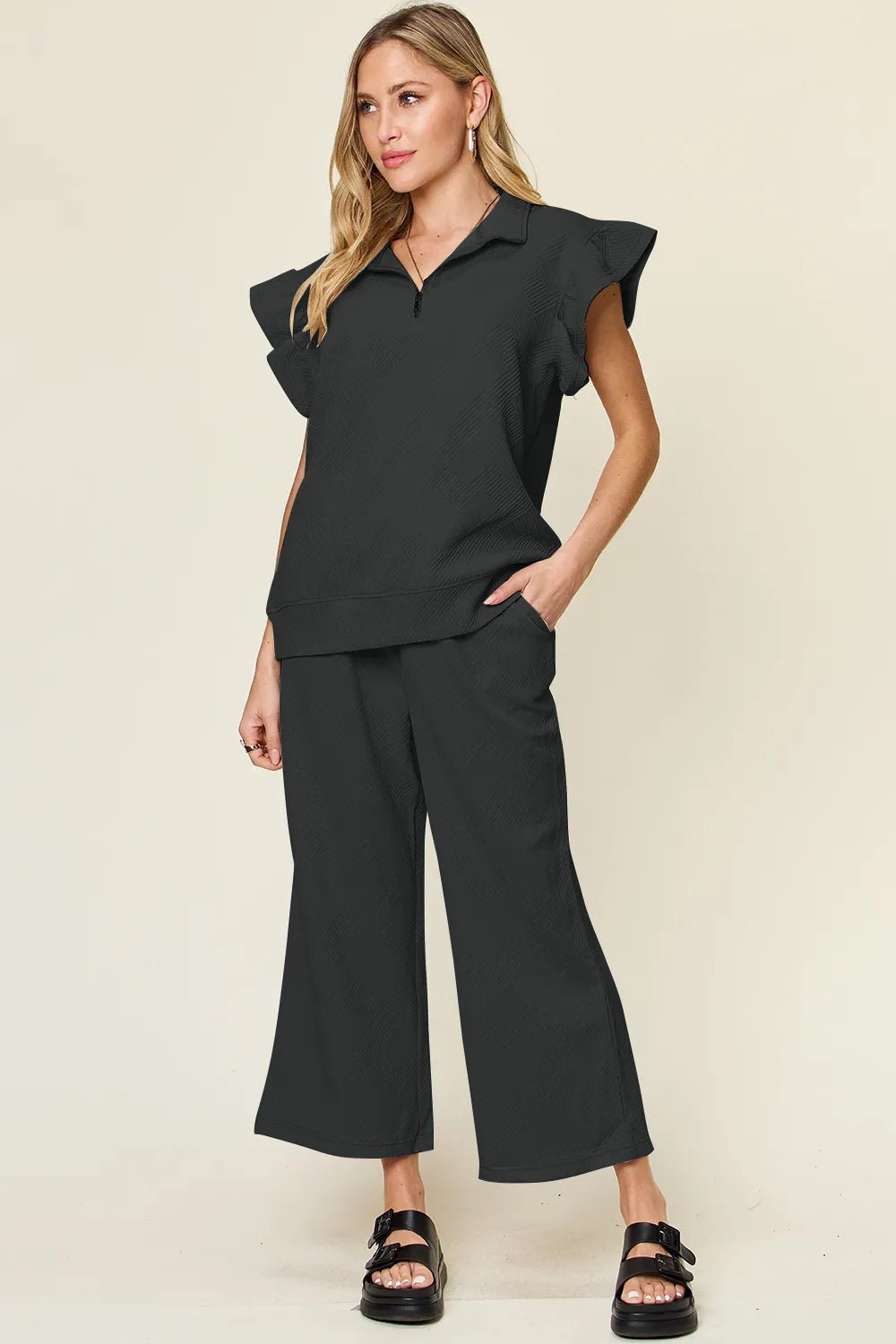 Texture Ruffle Top and Wide Leg Pants Set - Double Take - Liorienne