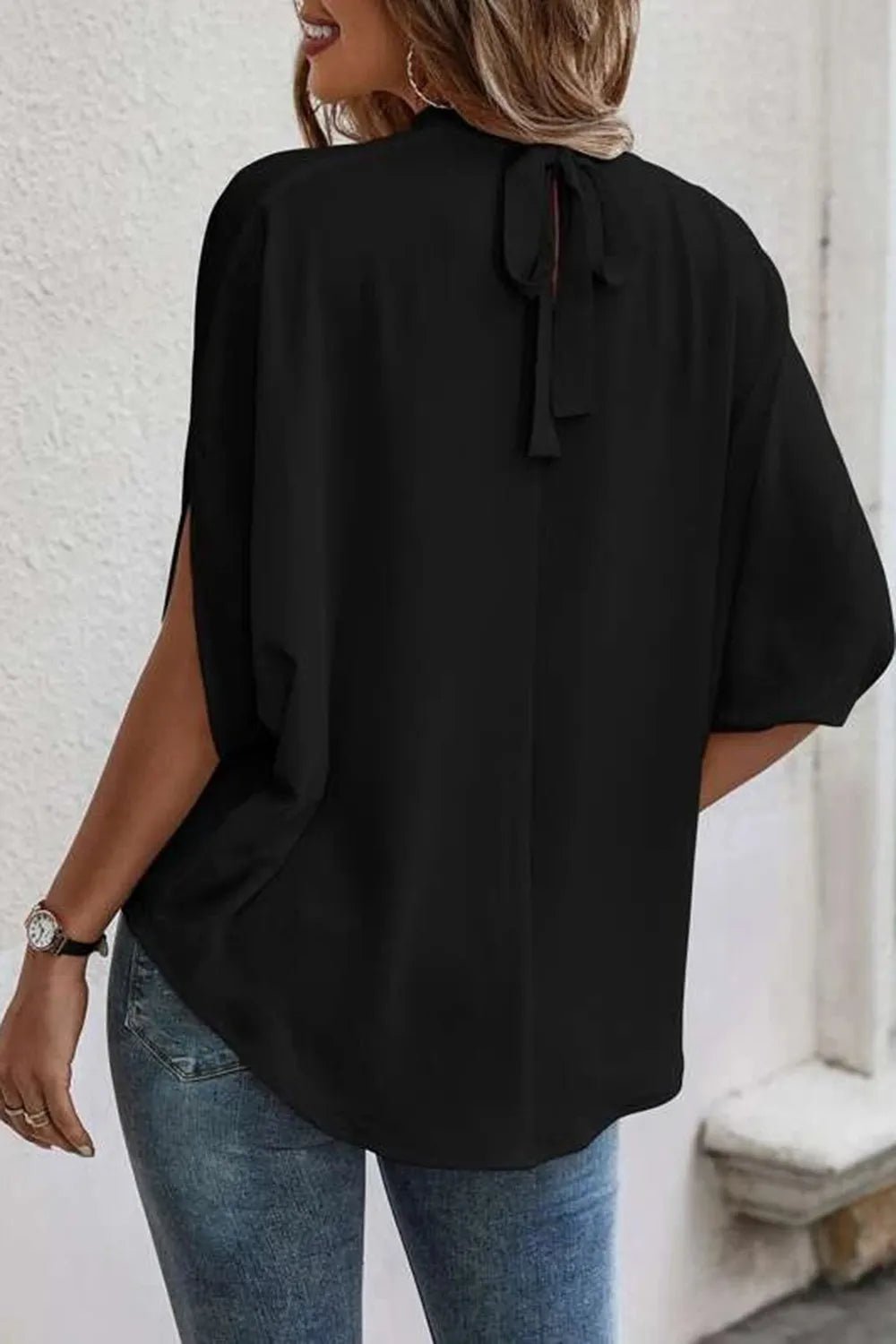 Tie Back Slit Half Sleeve Blouse - Liorienne