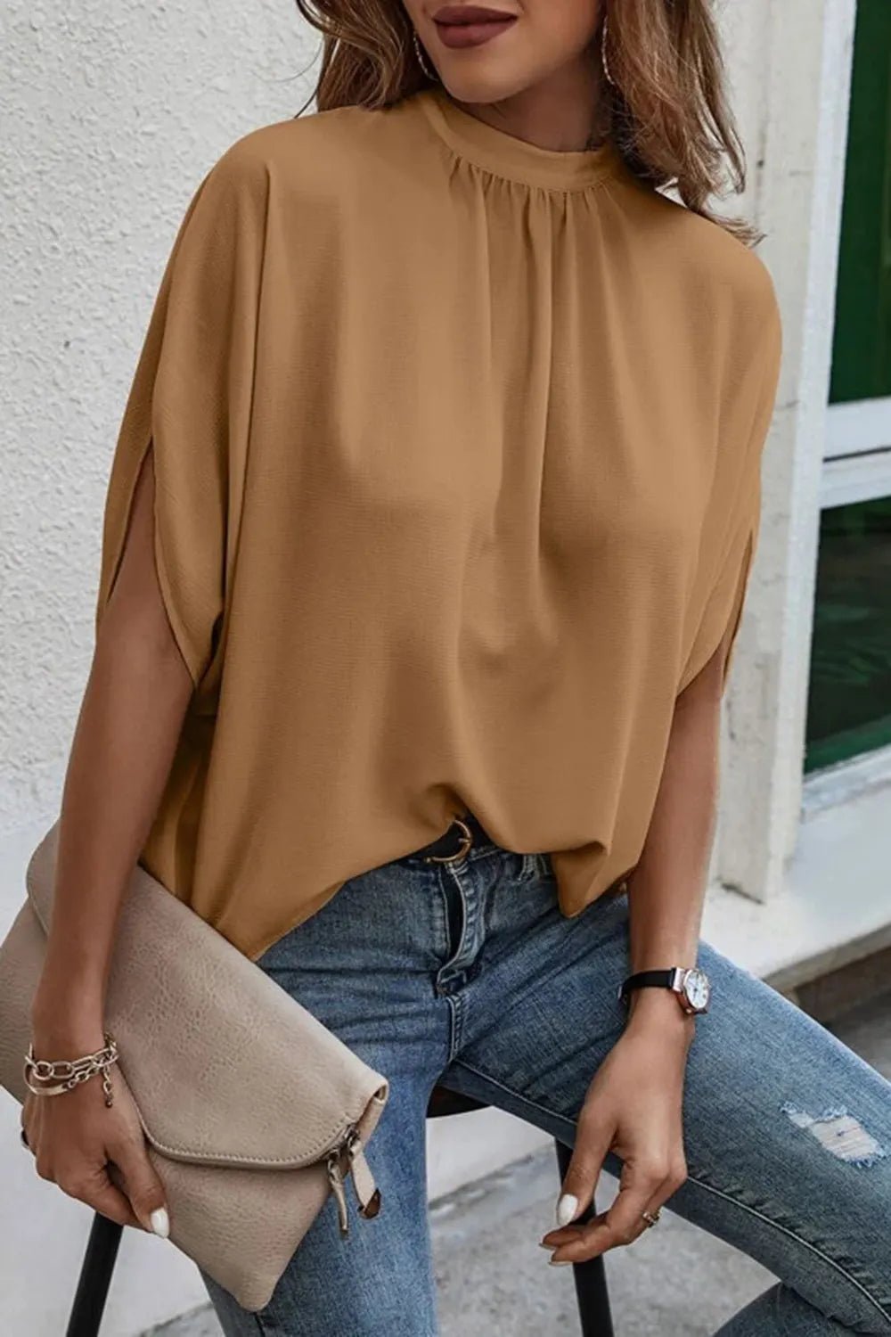 Tie Back Slit Half Sleeve Blouse - Liorienne