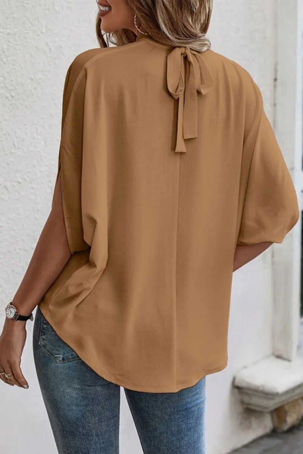 Tie Back Slit Half Sleeve Blouse - Excel Merchandise