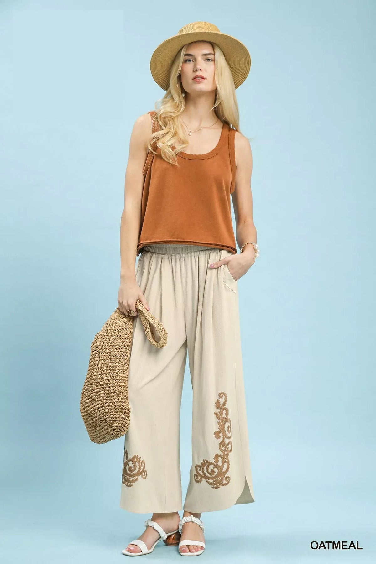 Umgee Linen Embroidered Wide-Leg Boho Pants - Liorienne