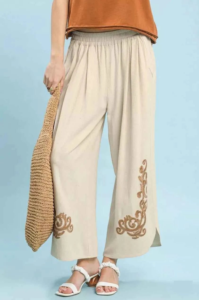 Umgee Linen Embroidered Wide-Leg Boho Pants - Liorienne