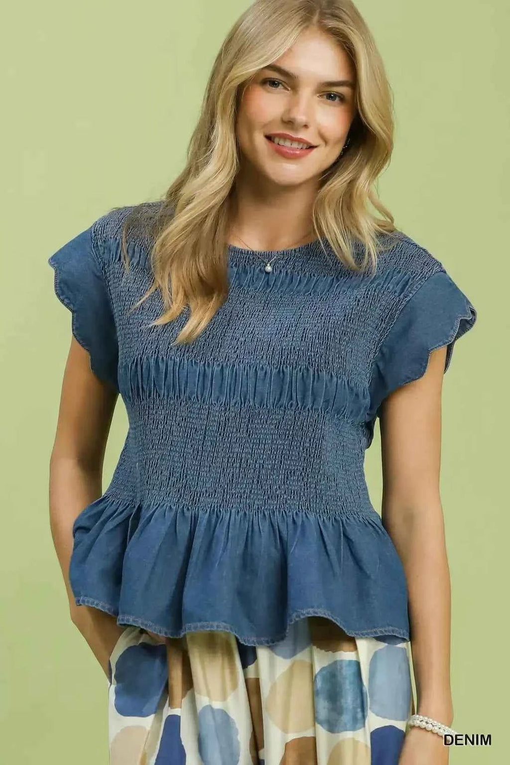 Umgee Smocked Peplum Top with Scalloped Ruffle Cap Sleeves - Liorienne