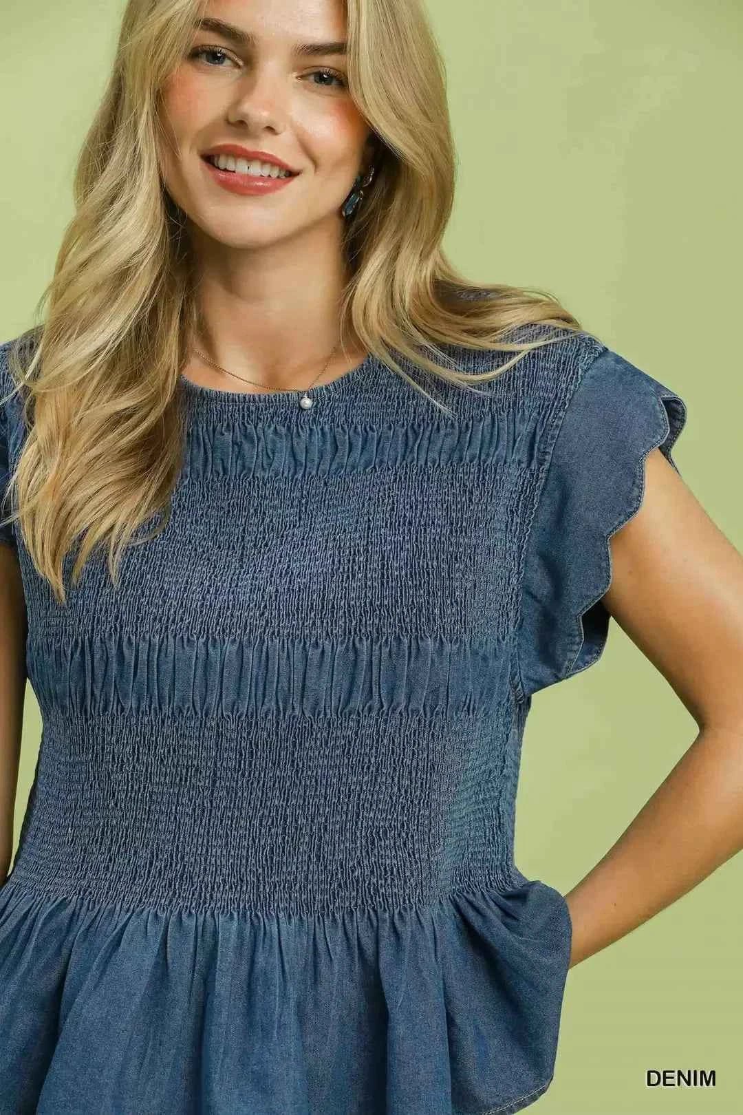 Umgee Smocked Peplum Top with Scalloped Ruffle Cap Sleeves - Liorienne