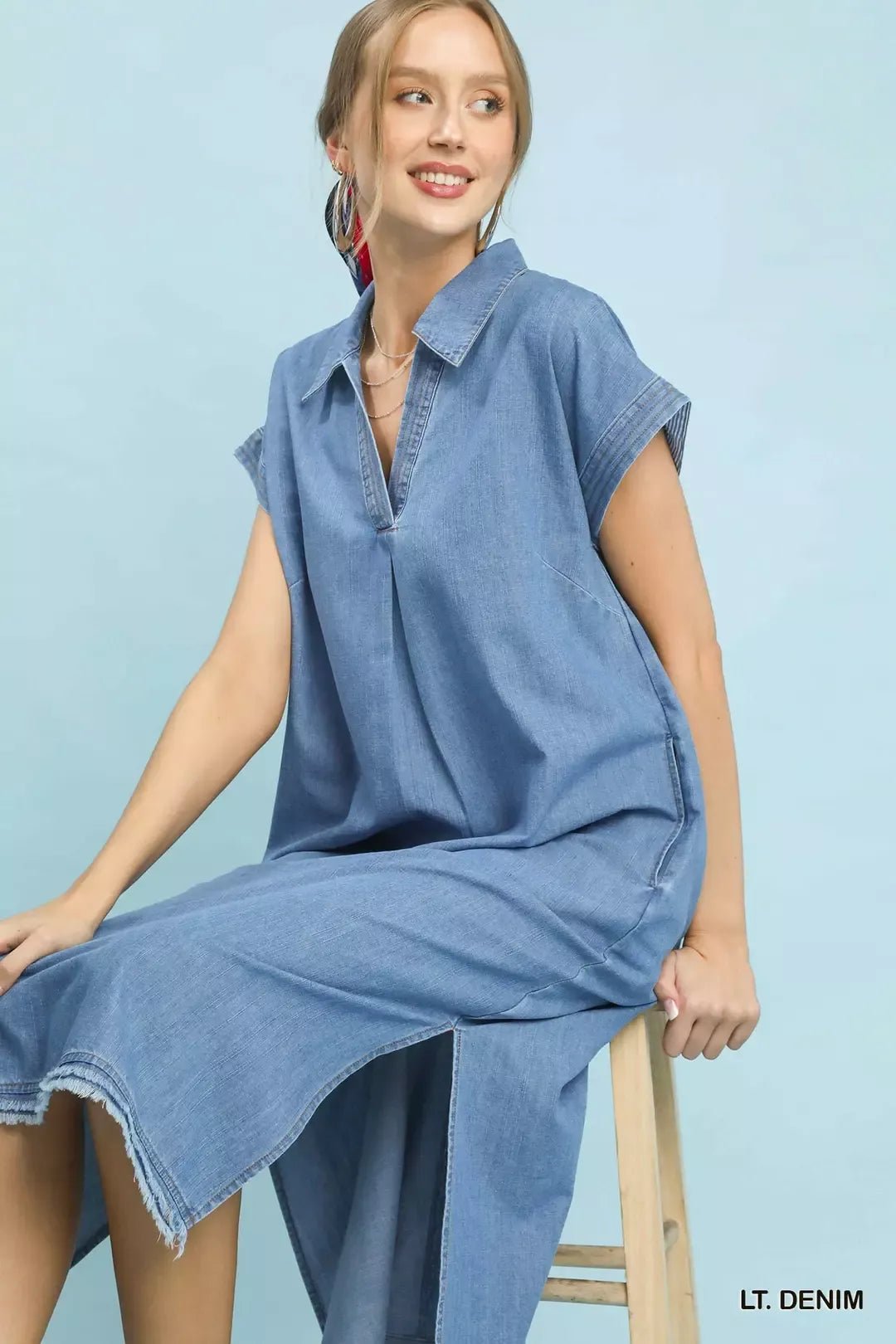 Umgee Stone Washed Collared Denim Midi Dress - Liorienne