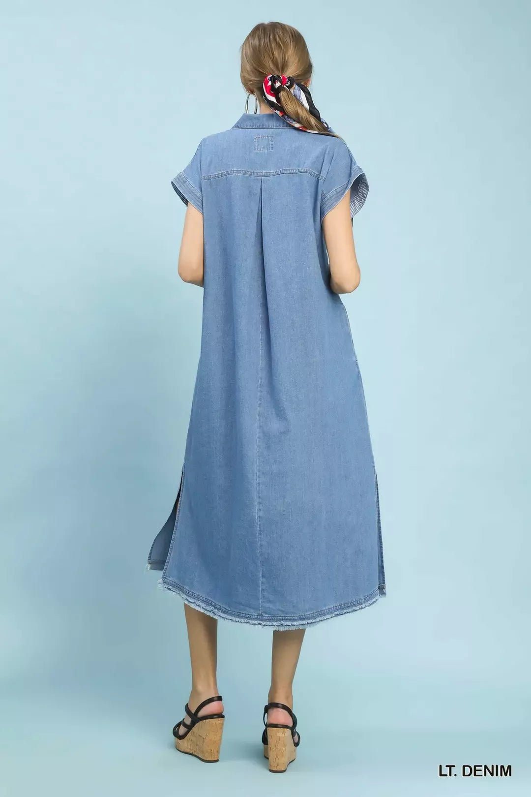 Umgee Stone Washed Collared Denim Midi Dress - Liorienne