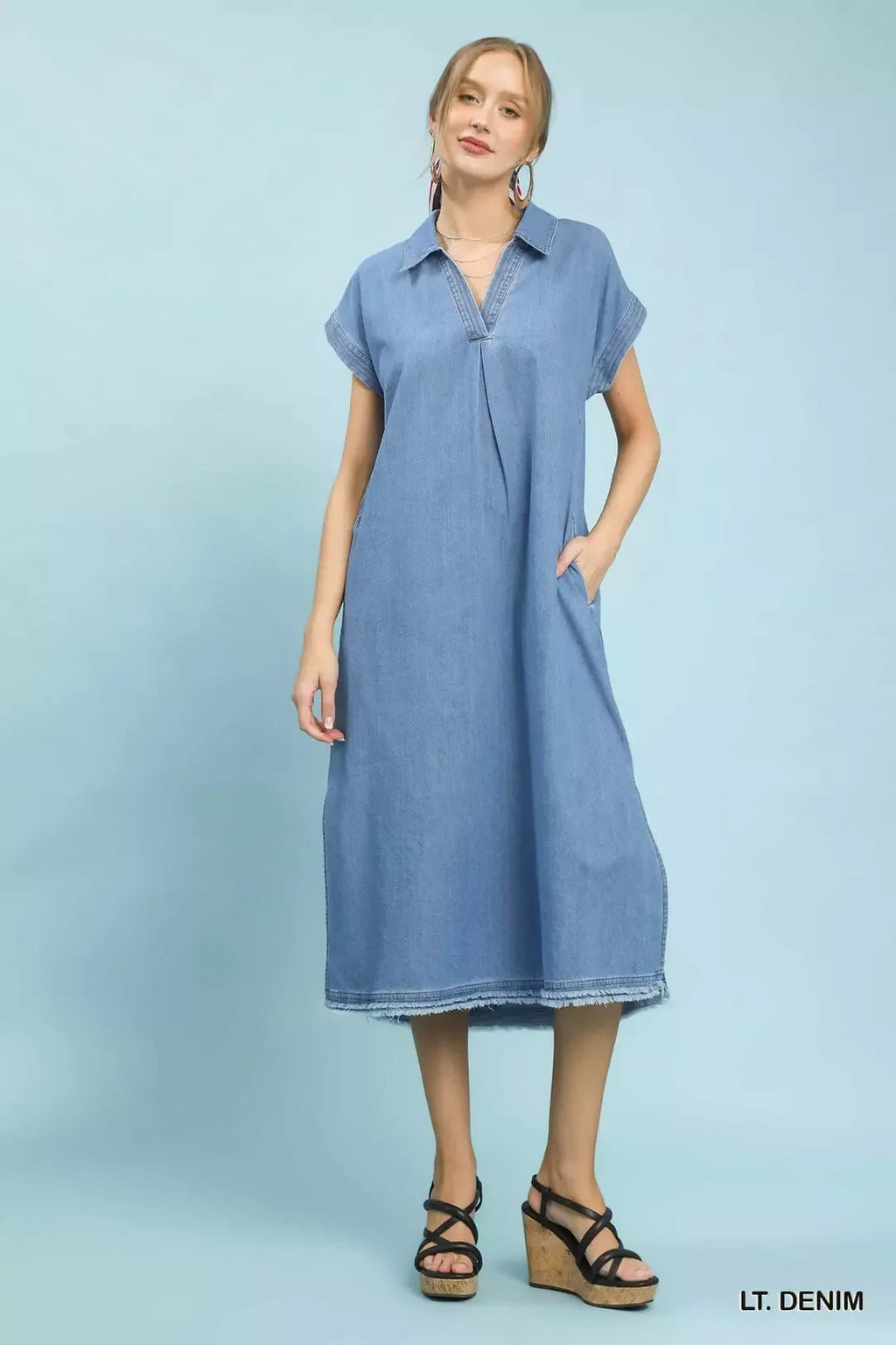 Umgee Stone Washed Collared Denim Midi Dress - Liorienne