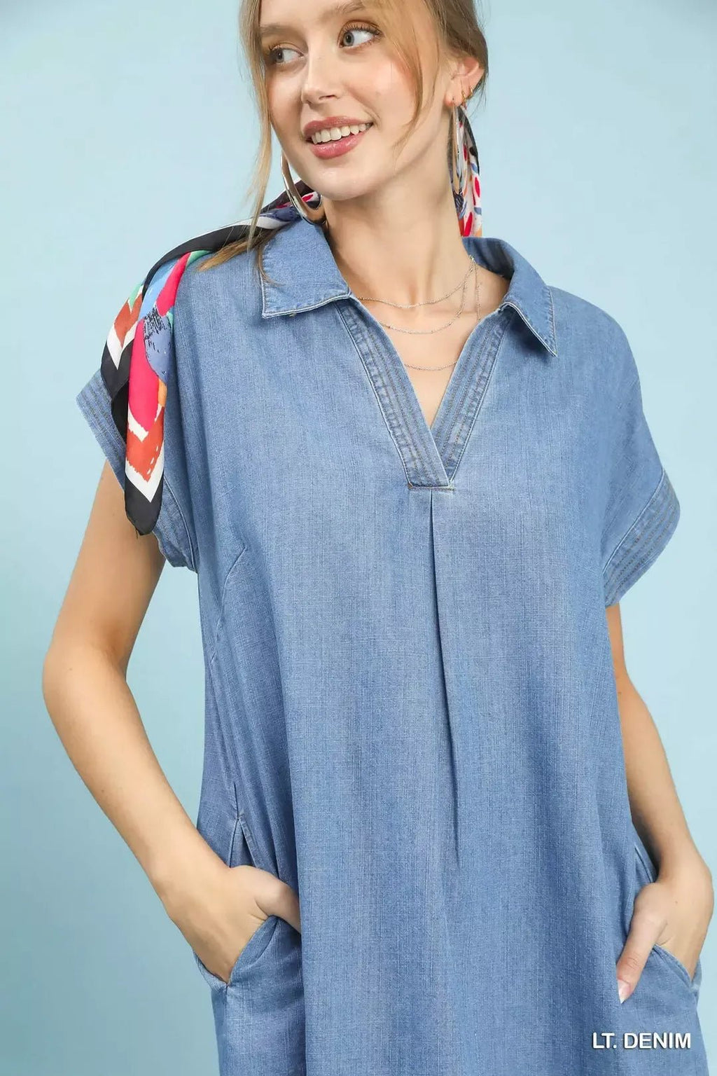 Umgee Stone Washed Collared Denim Midi Dress - Liorienne