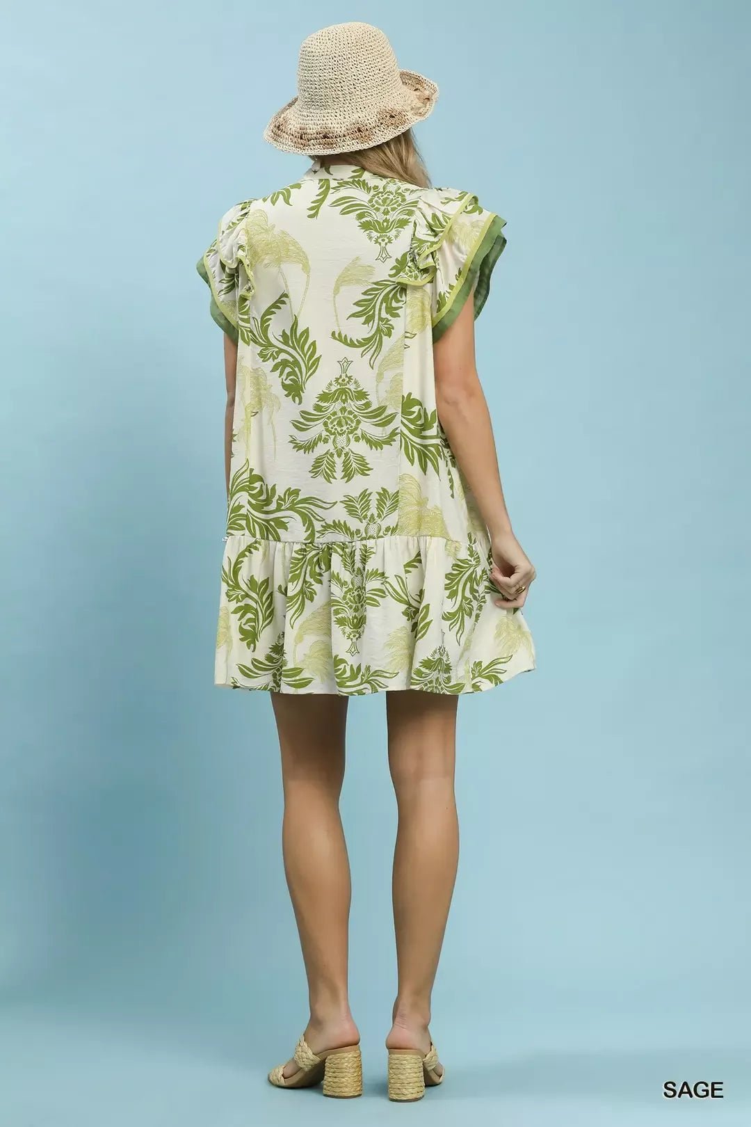 Umgee Toile Print Button-Front Placket Mini Dress with Dropped Ruffle Hem - Liorienne