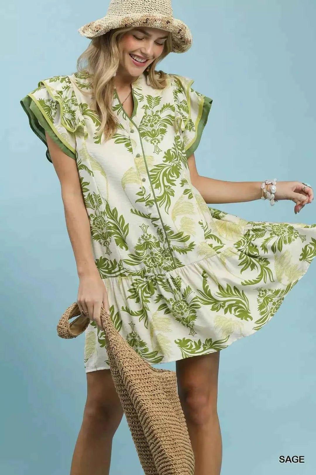 Umgee Toile Print Button-Front Placket Mini Dress with Dropped Ruffle Hem - Liorienne