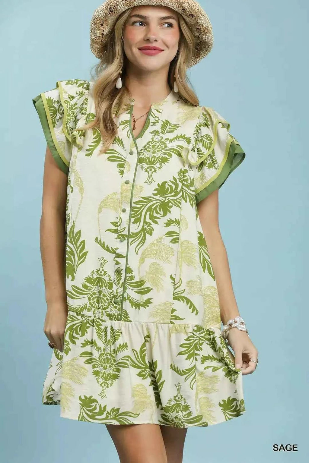 Umgee Toile Print Button-Front Placket Mini Dress with Dropped Ruffle Hem - Liorienne