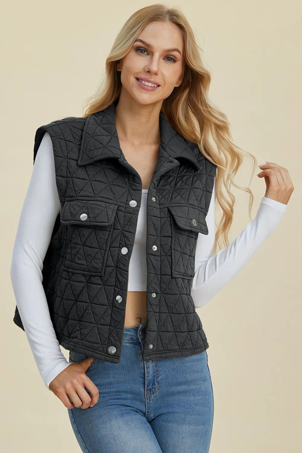 Women's Pocketed Texture Snap Down Vest Coat – Double Take - Liorienne