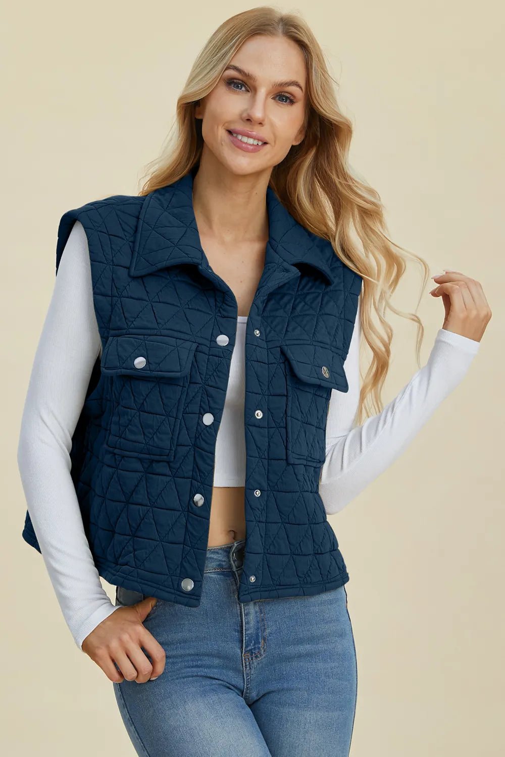 Women's Pocketed Texture Snap Down Vest Coat – Double Take - Liorienne
