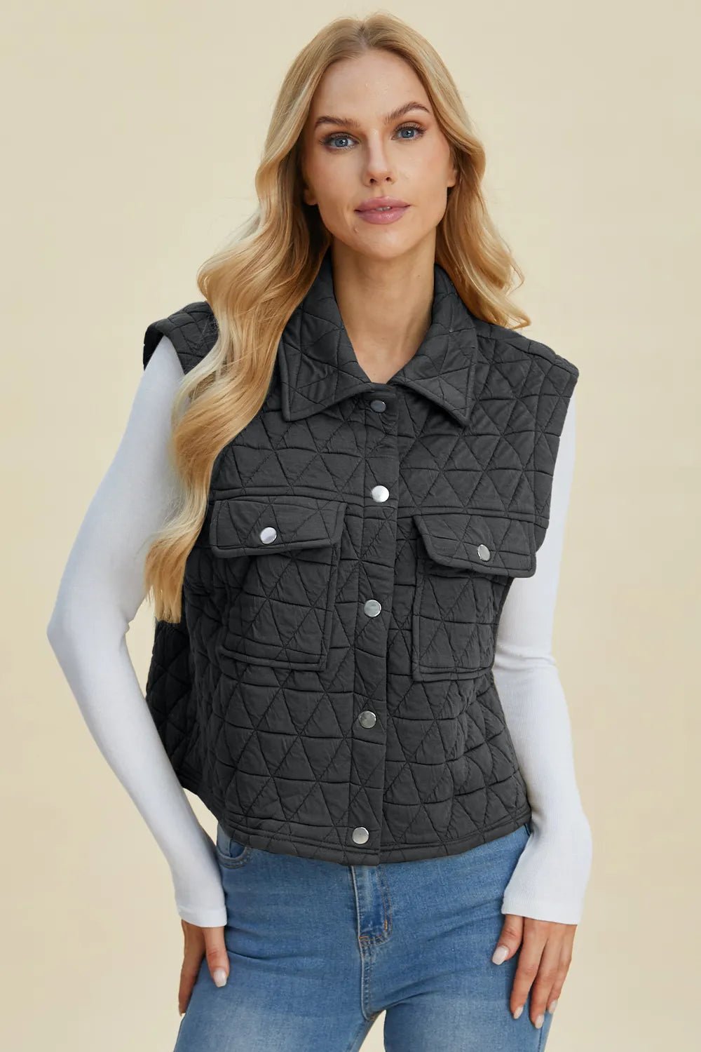 Women's Pocketed Texture Snap Down Vest Coat – Double Take - Liorienne