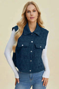 Women's Pocketed Texture Snap Down Vest Coat – Double Take - Liorienne