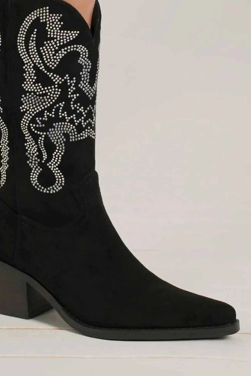 Women's Rhinestone Detail Pointed Toe Mid Heel Boots – Beast Fashion - Liorienne