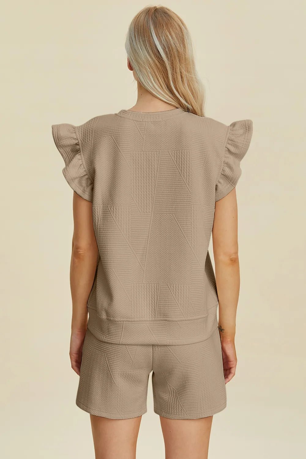 Women's Texture Round Neck Ruffle Sleeve Top and Shorts Set – Double Take - Liorienne