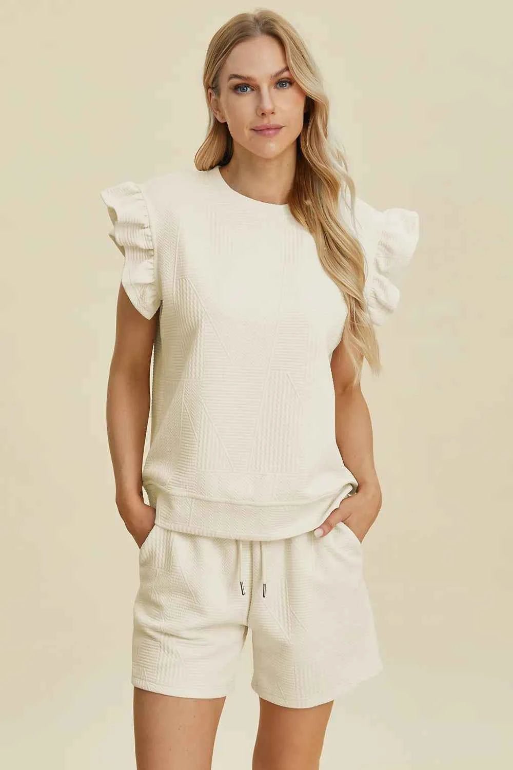 Women's Texture Round Neck Ruffle Sleeve Top and Shorts Set – Double Take - Liorienne
