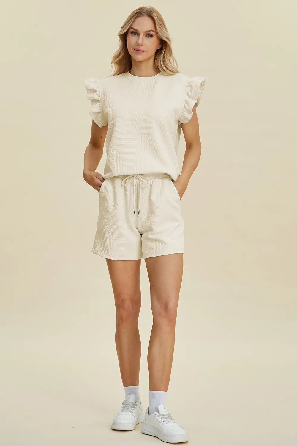 Women's Texture Round Neck Ruffle Sleeve Top and Shorts Set – Double Take - Liorienne
