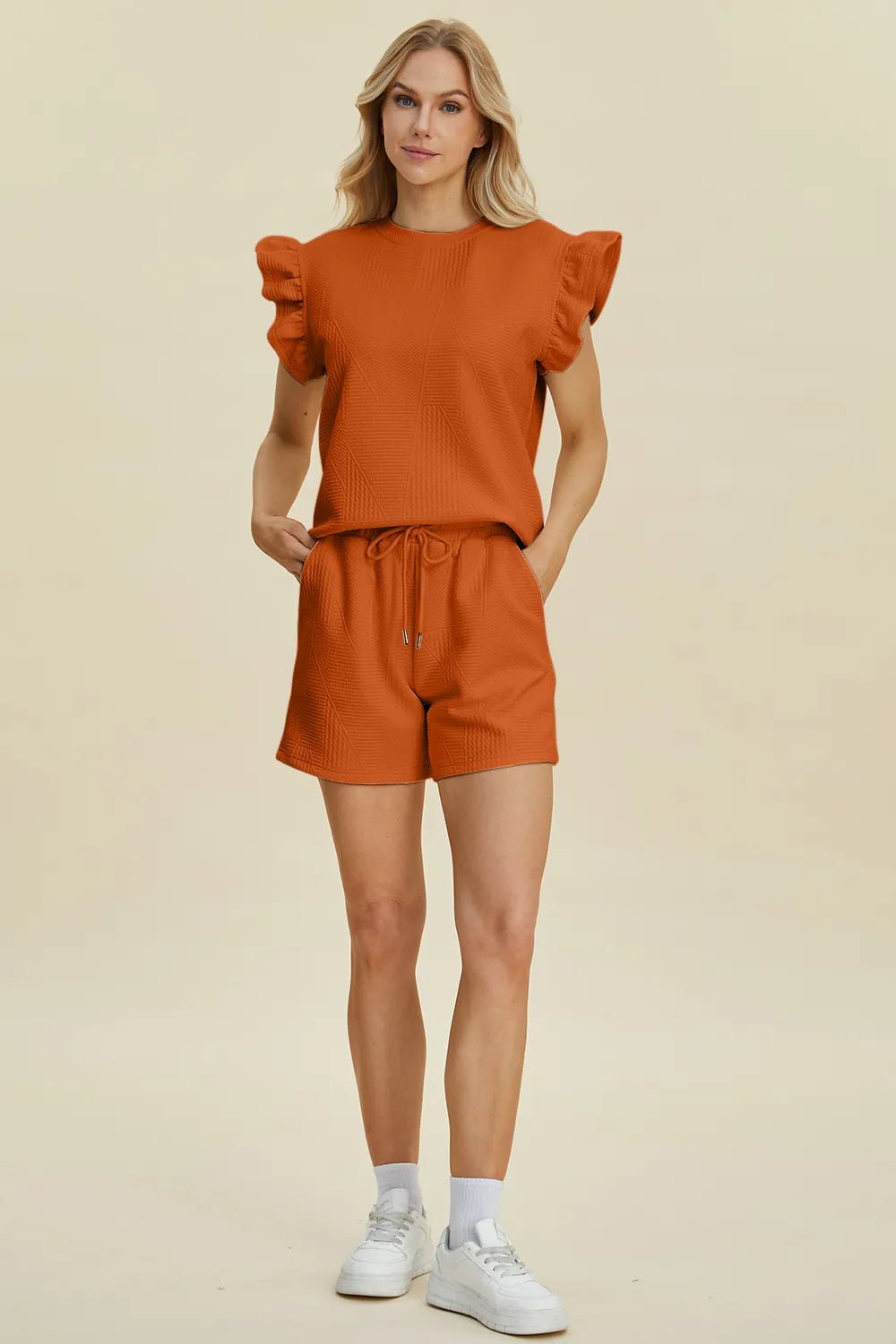 Women's Texture Round Neck Ruffle Sleeve Top and Shorts Set – Double Take - Liorienne