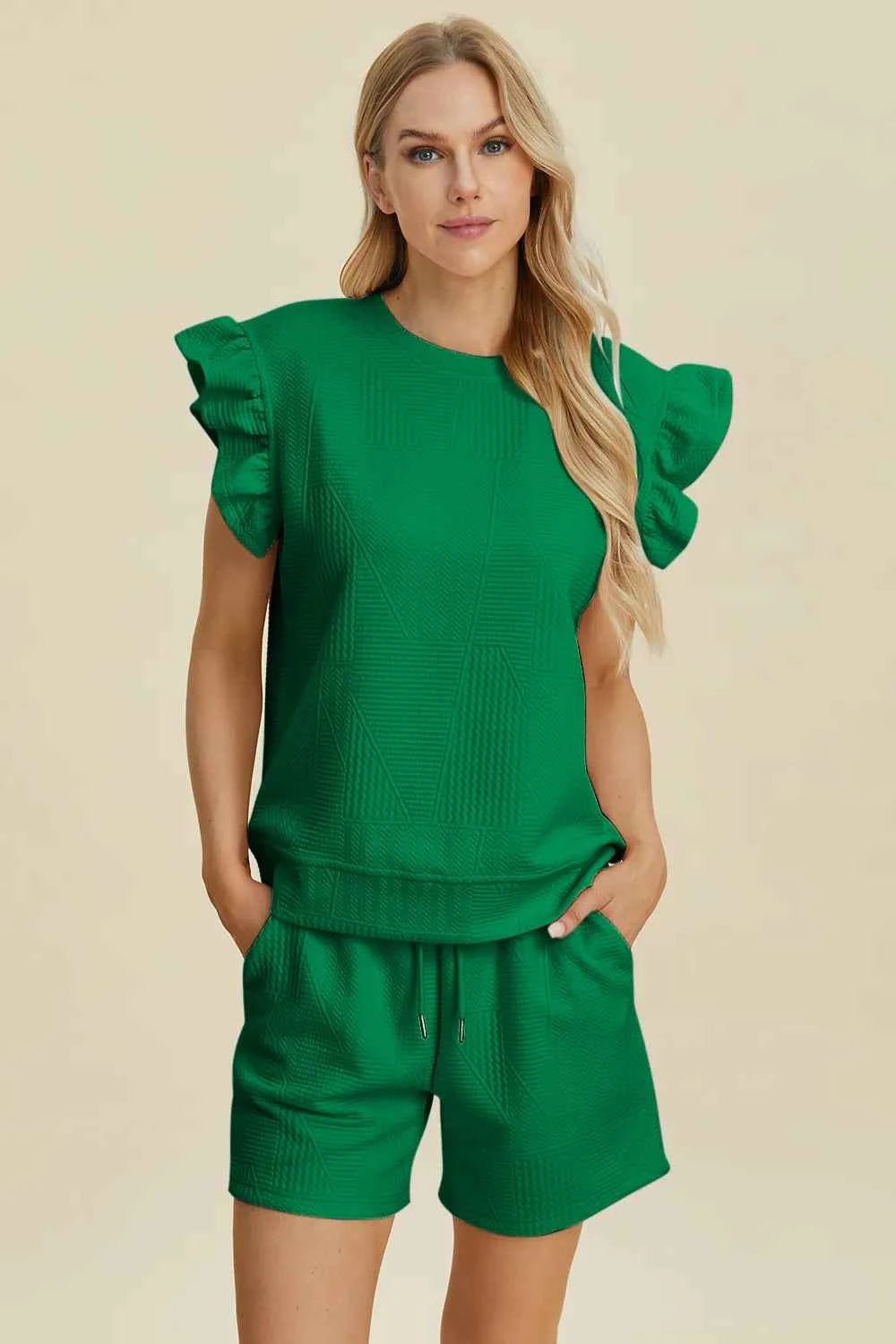 Women's Texture Round Neck Ruffle Sleeve Top and Shorts Set – Double Take - Liorienne
