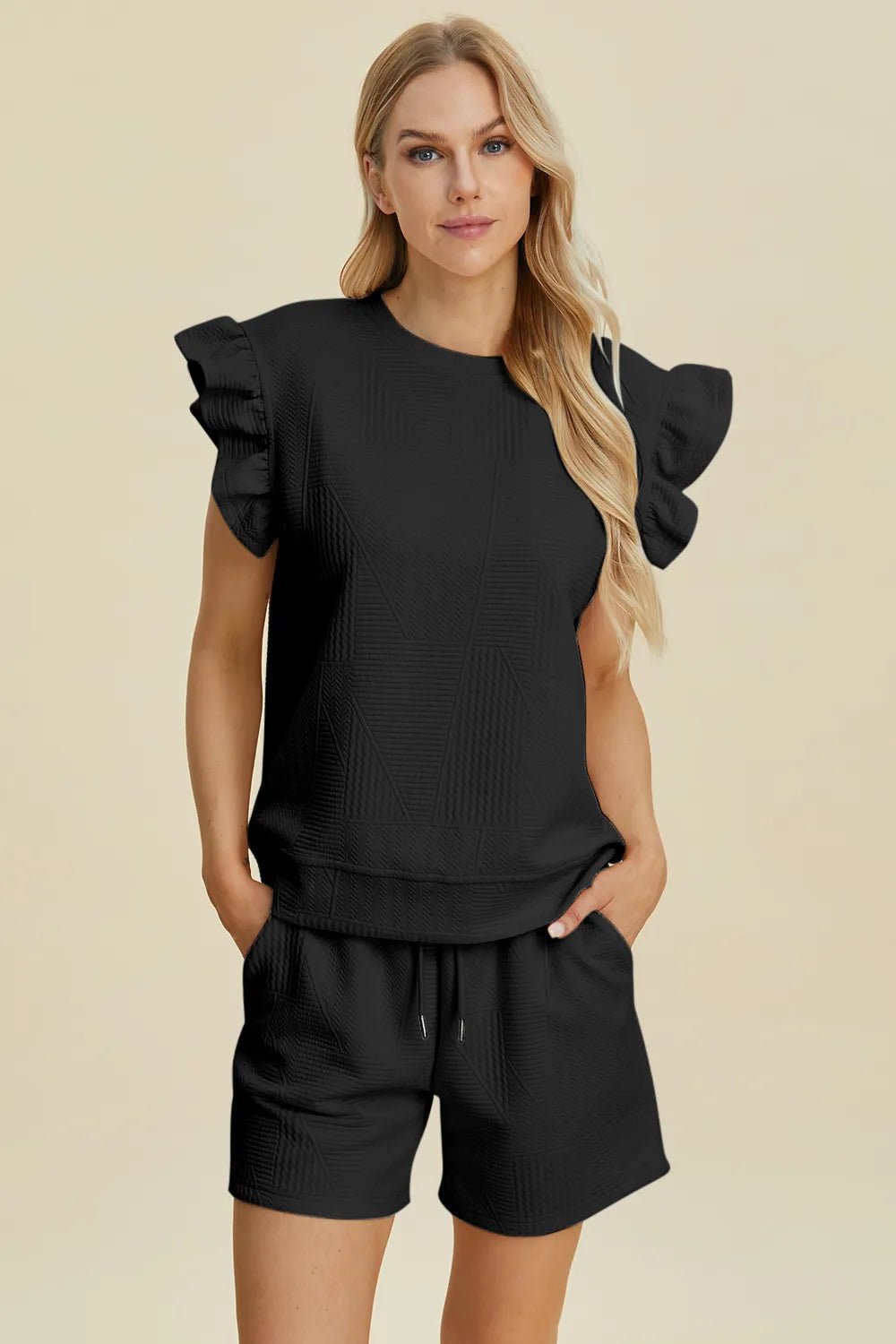 Women's Texture Round Neck Ruffle Sleeve Top and Shorts Set – Double Take - Liorienne