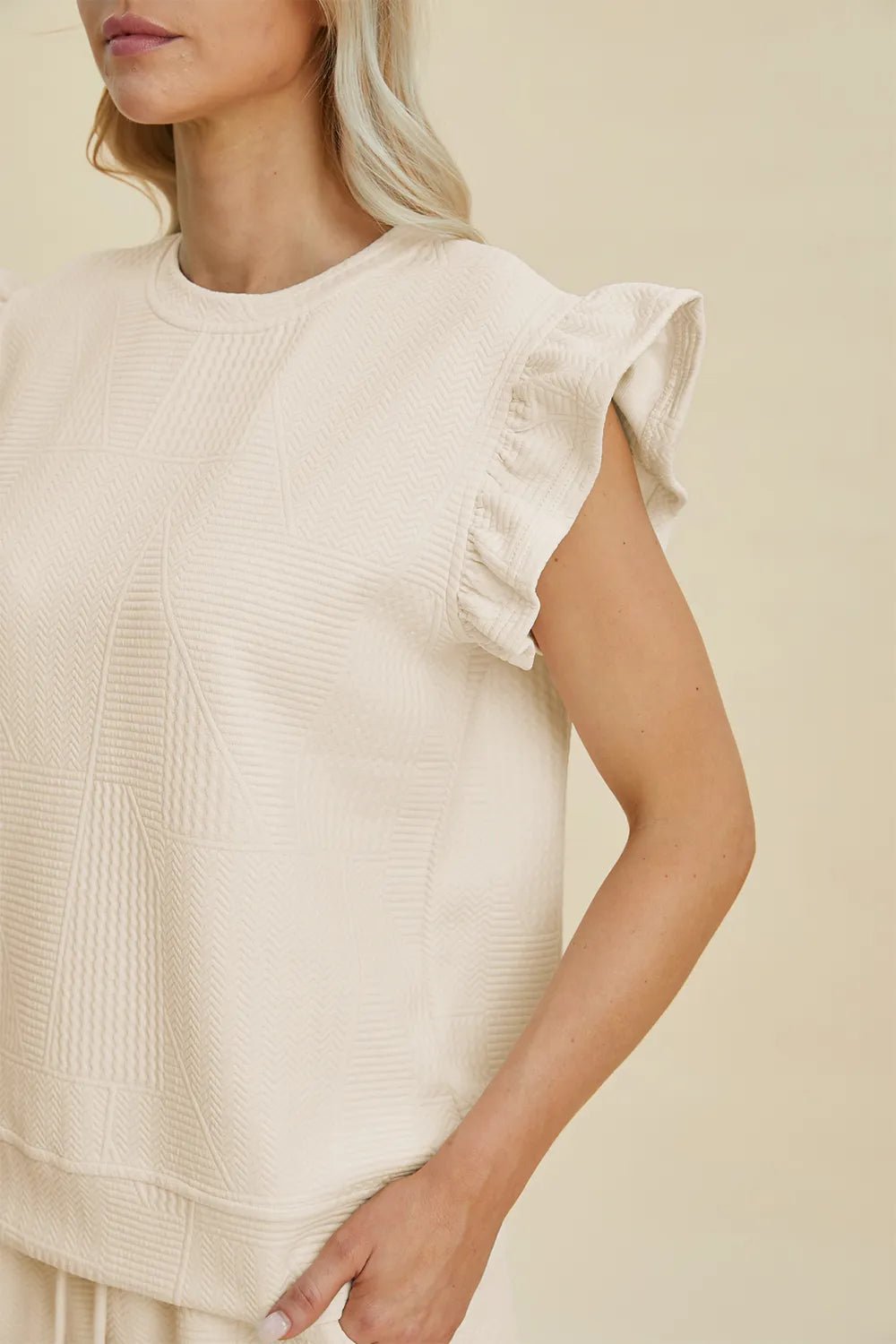 Women's Texture Round Neck Ruffle Sleeve Top and Shorts Set – Double Take - Liorienne