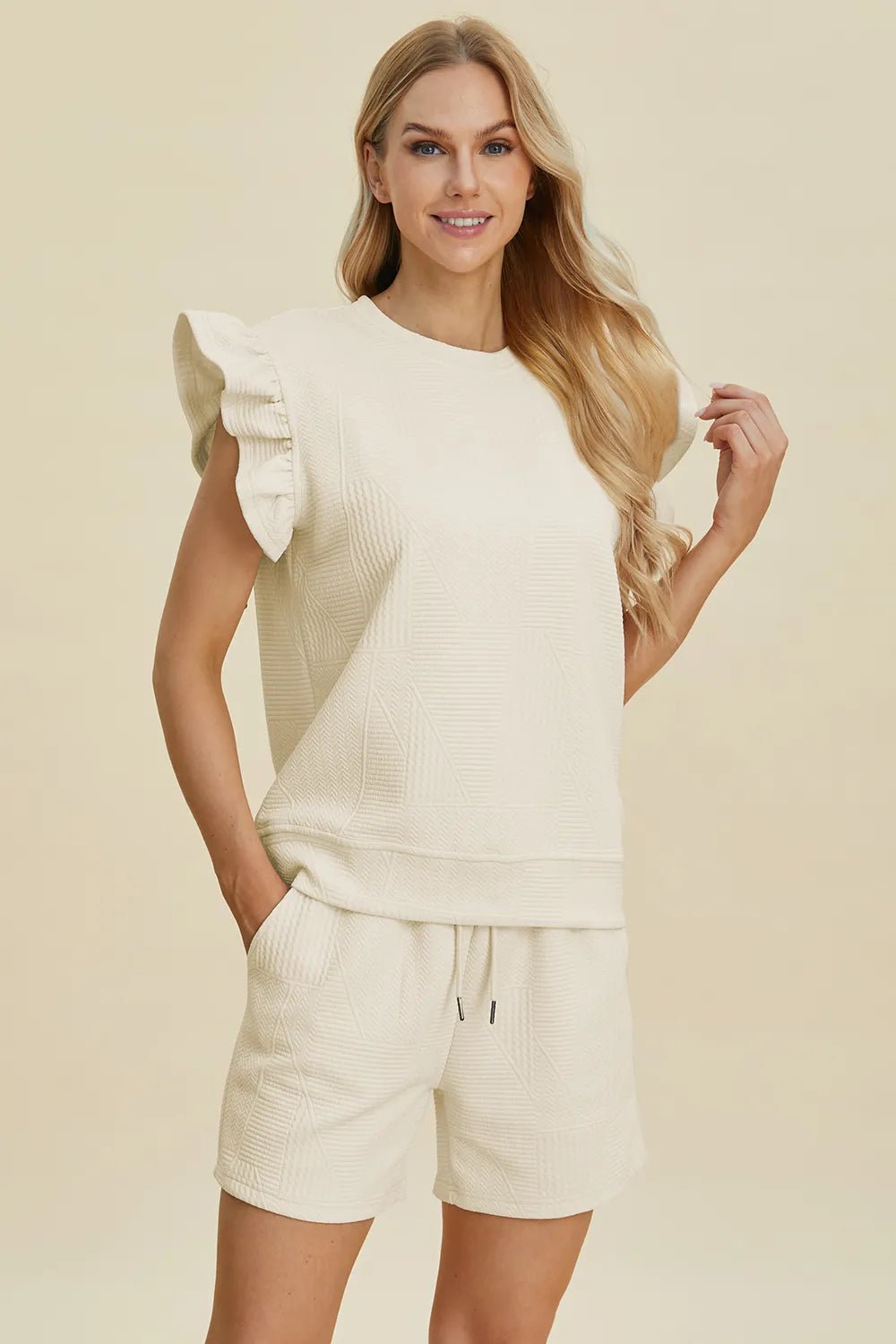 Women's Texture Round Neck Ruffle Sleeve Top and Shorts Set – Double Take - Liorienne
