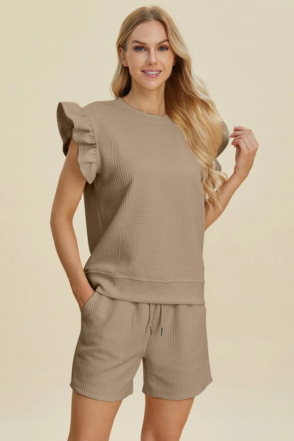 Women's Texture Round Neck Ruffle Sleeve Top and Shorts Set – Double Take - Liorienne
