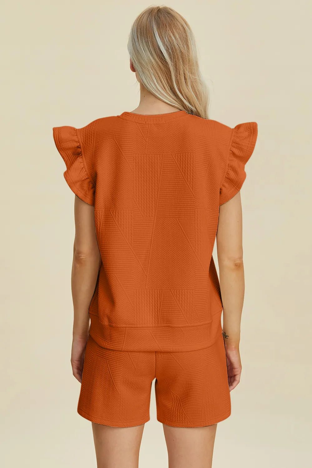 Women's Texture Round Neck Ruffle Sleeve Top and Shorts Set – Double Take - Liorienne