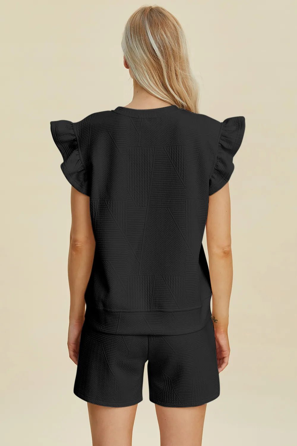 Women's Texture Round Neck Ruffle Sleeve Top and Shorts Set – Double Take - Liorienne
