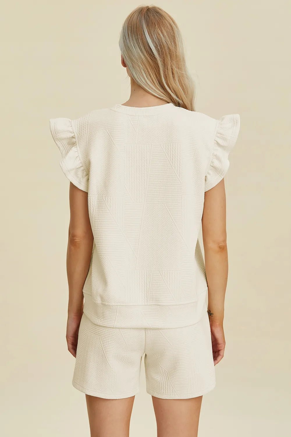 Women's Texture Round Neck Ruffle Sleeve Top and Shorts Set – Double Take - Liorienne
