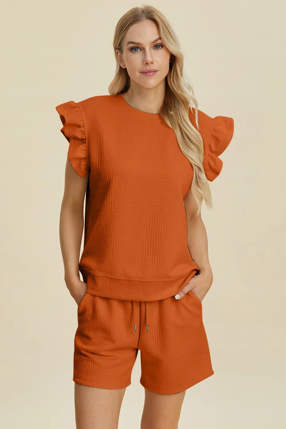 Women's Texture Round Neck Ruffle Sleeve Top and Shorts Set – Double Take - Liorienne