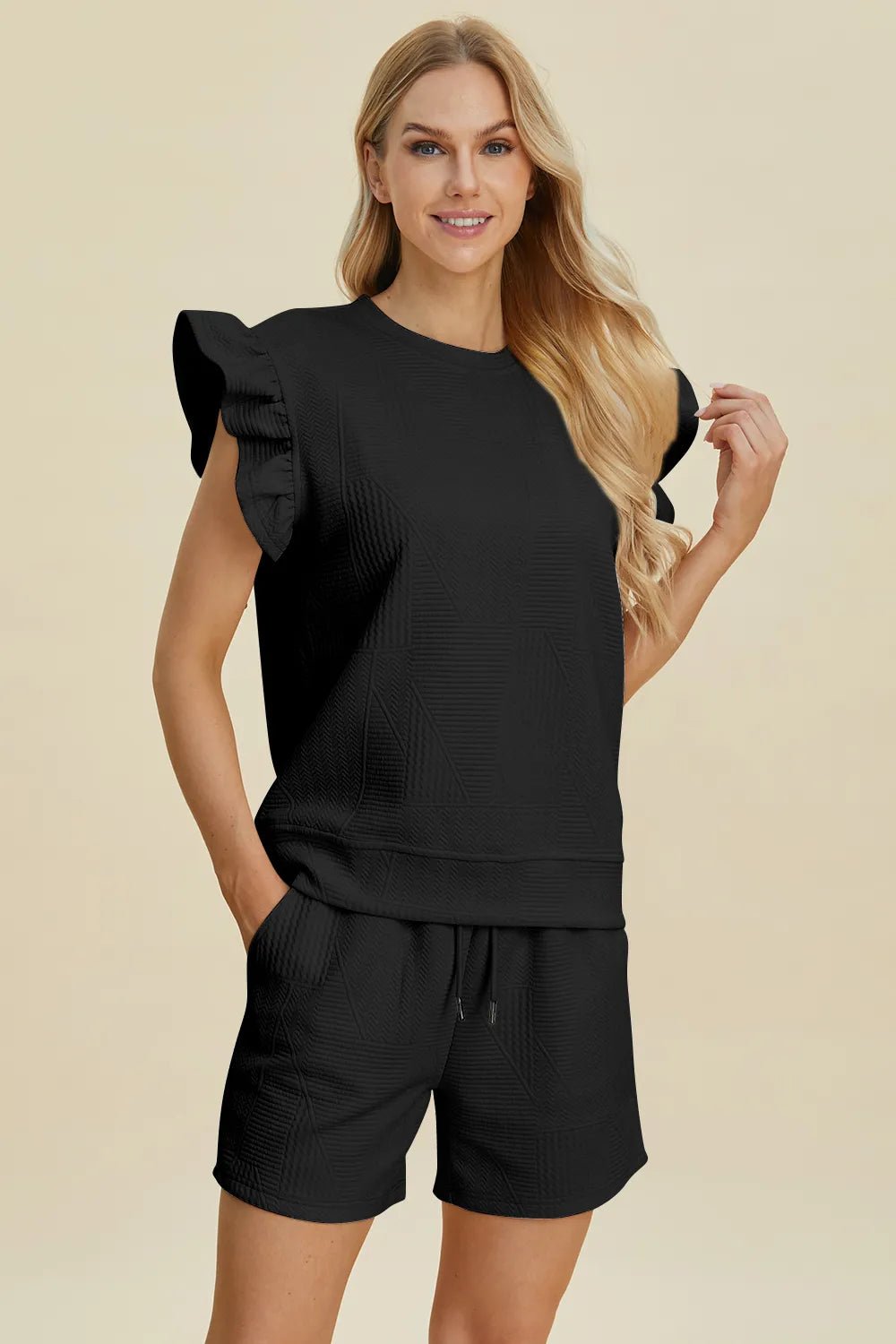 Women's Texture Round Neck Ruffle Sleeve Top and Shorts Set – Double Take - Liorienne