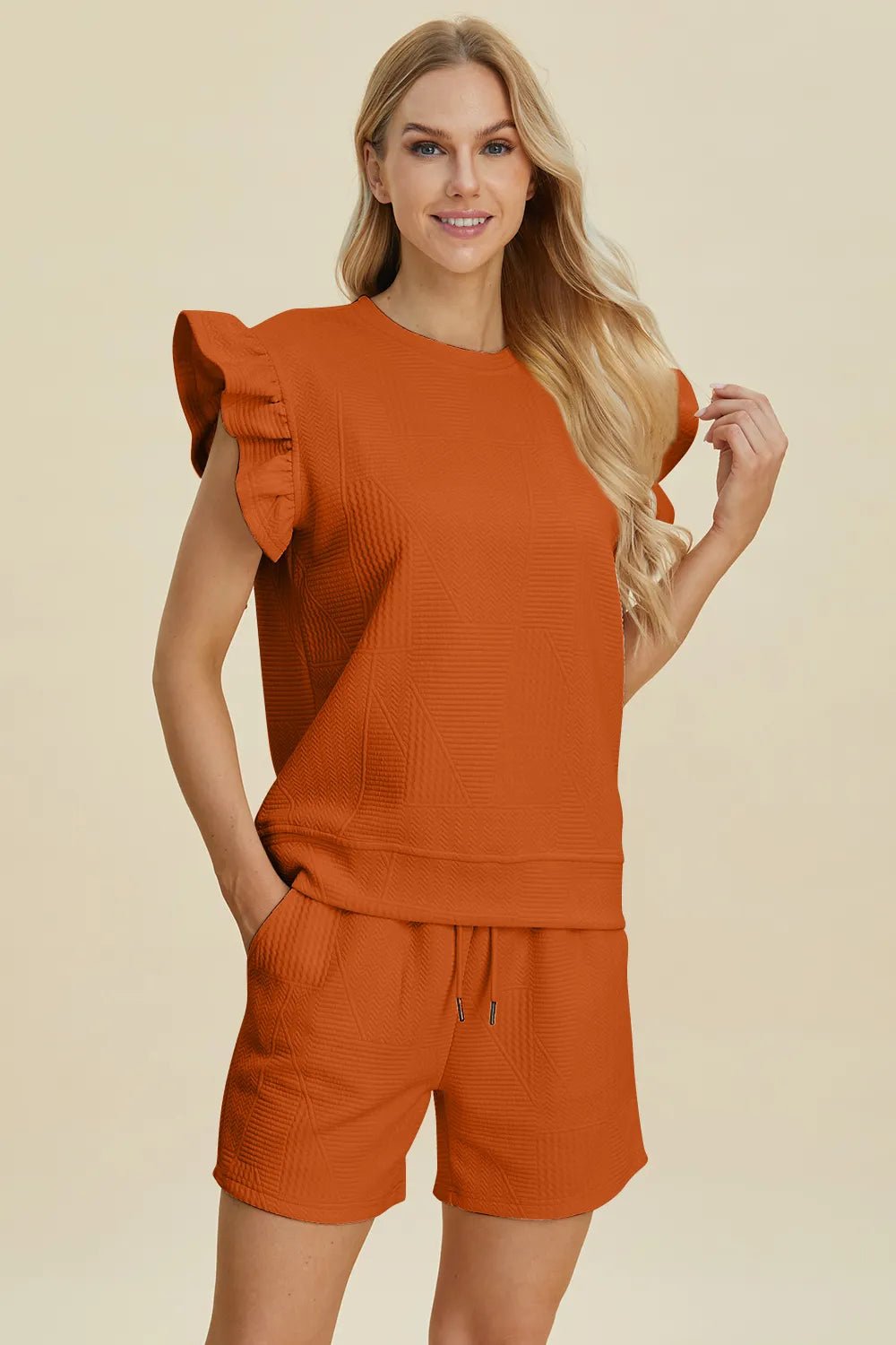 Women's Texture Round Neck Ruffle Sleeve Top and Shorts Set – Double Take - Liorienne