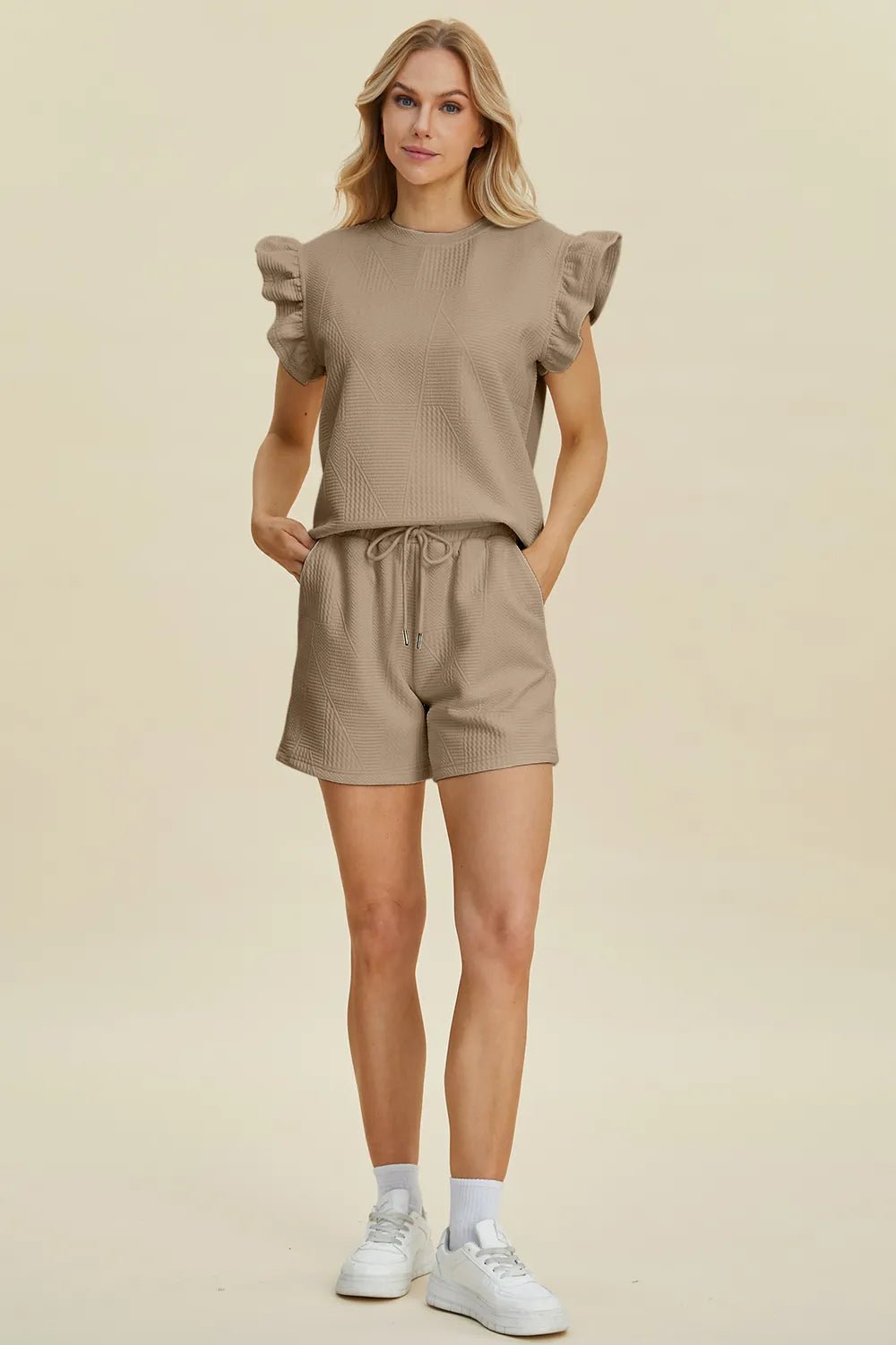 Women's Texture Round Neck Ruffle Sleeve Top and Shorts Set – Double Take - Liorienne