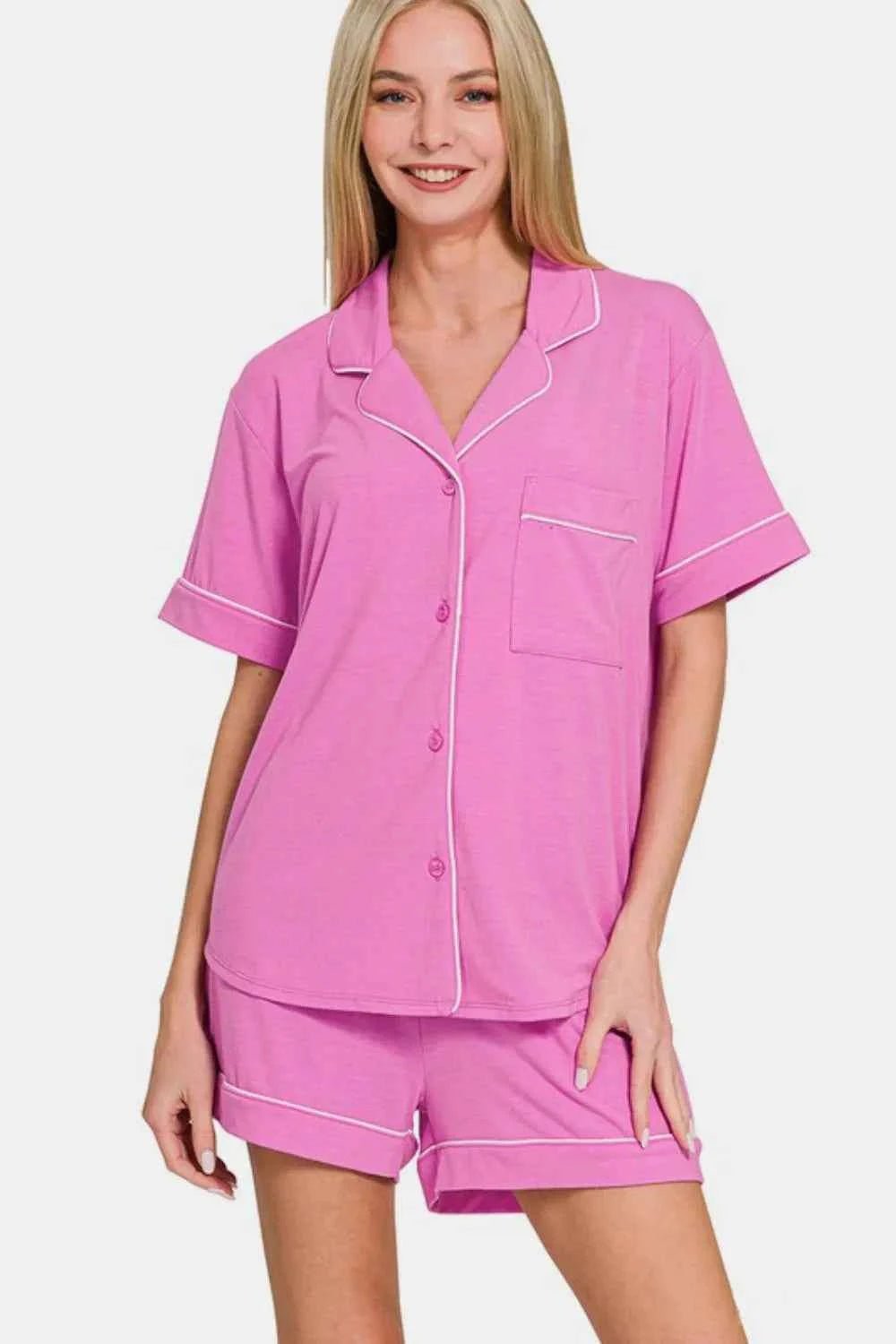 Zenana Button Down Short Sleeve Top and Shorts Lounge Set - Liorienne