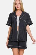 Zenana Button Down Short Sleeve Top and Shorts Lounge Set - Liorienne