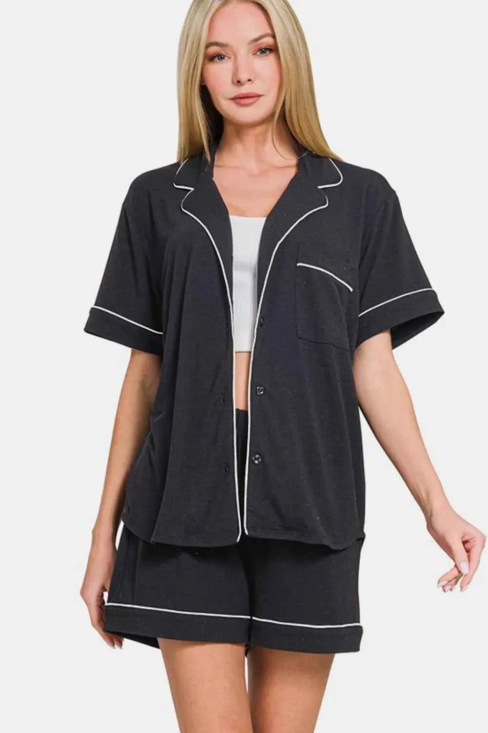 Zenana Button Down Short Sleeve Top and Shorts Lounge Set - Liorienne