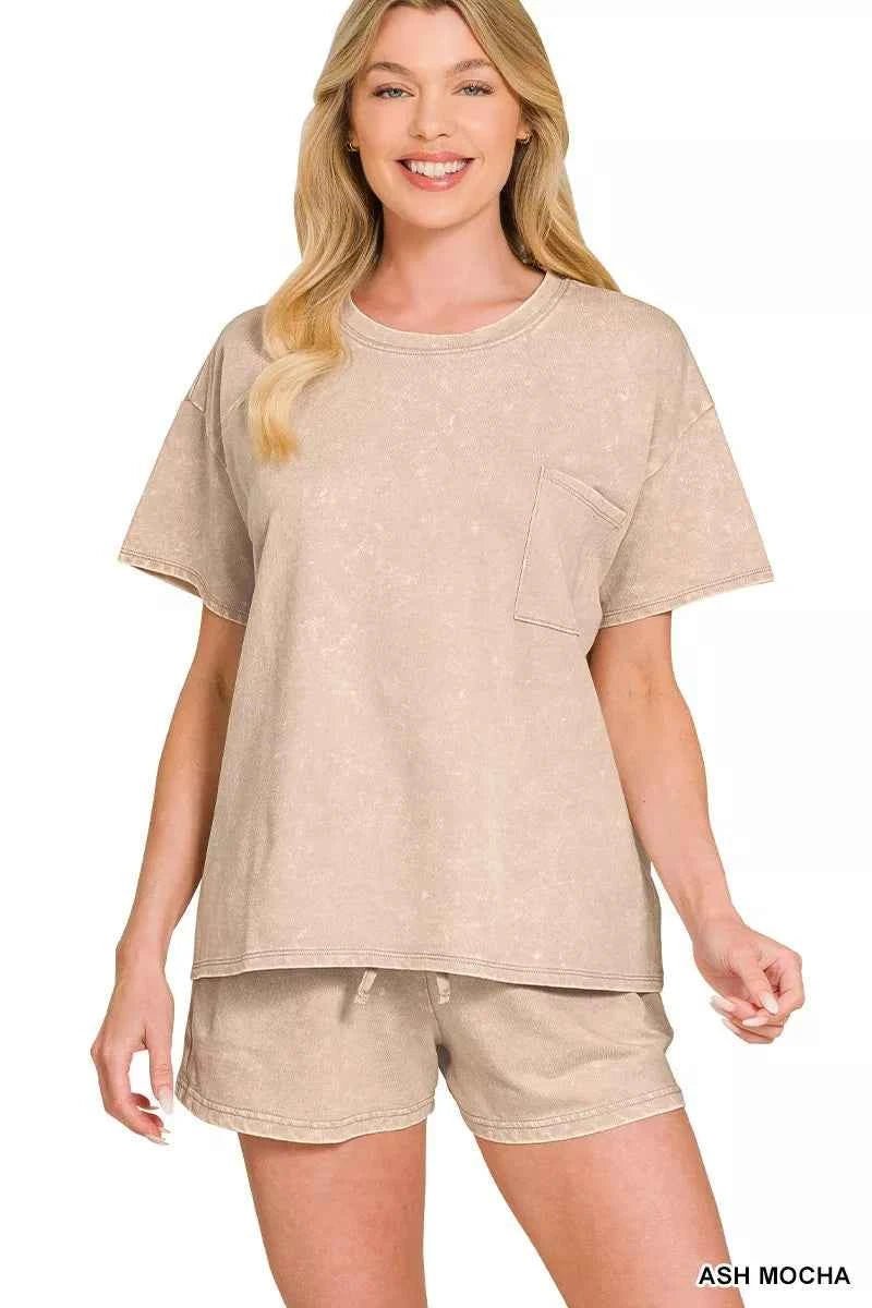 Zenana French Terry Acid Washed Relaxed Top & Short Set - Liorienne
