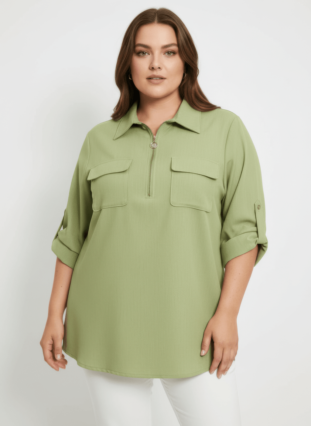 Zip Front Utility Pocket Tunic Blouse - Liorienne
